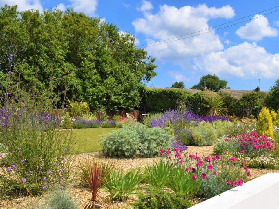 Mediterranean-style garden with Dianthus, Artemisia, and other drought-tolerant Plants by Richard Walters Mediterranean-style garden featuring dianthus, artemisia, and other drought-tolerant plants, designed by Richard Walters.