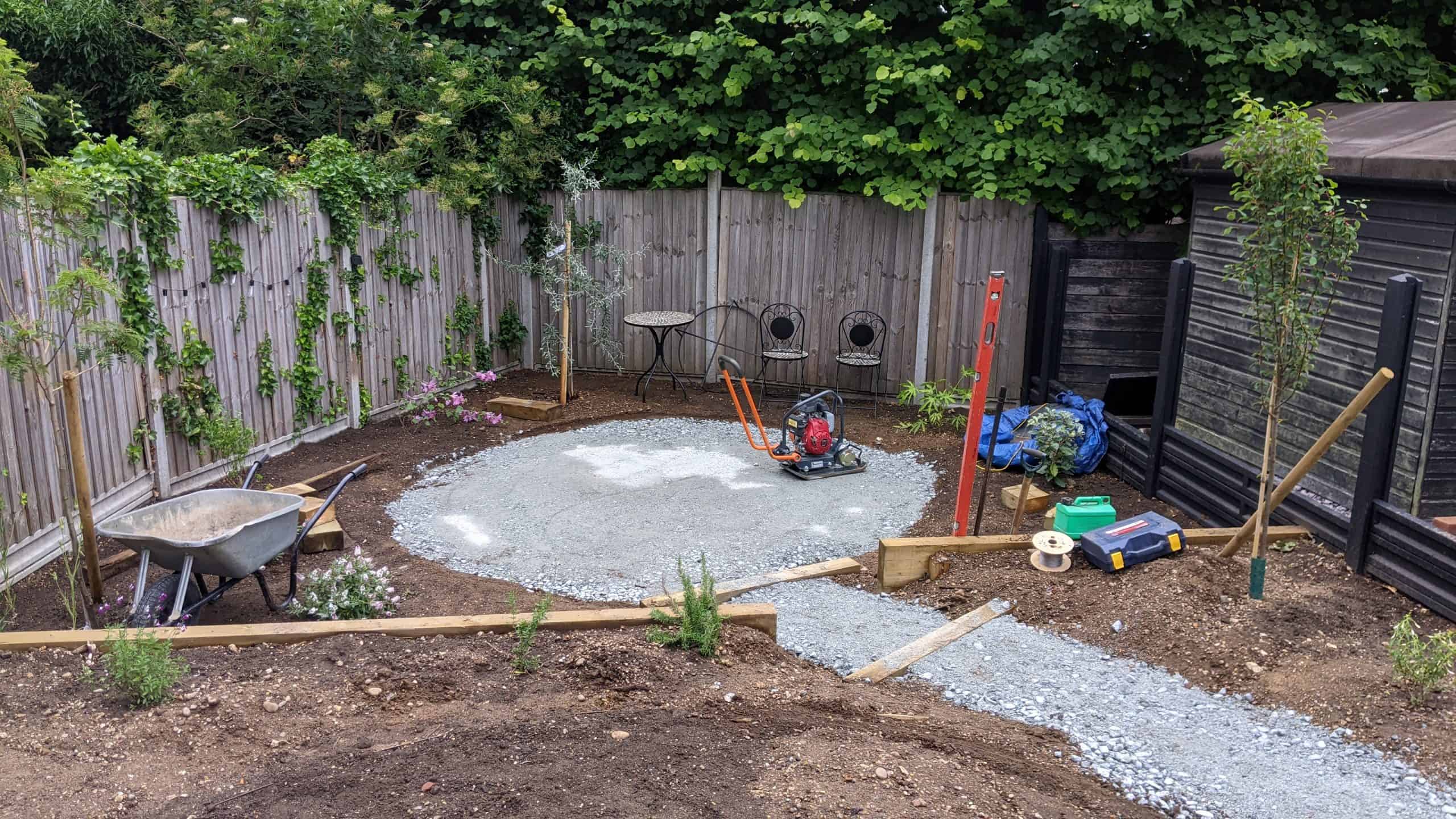 Seating area and path prepared with compacted base layer by Richard Walters Garden Design Seating area and path with compacted base by Richard Walters